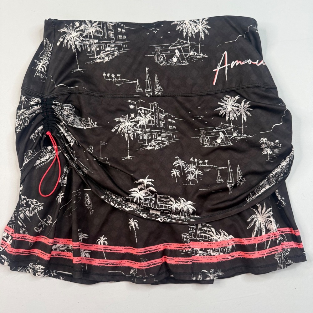 Lucky in Love Tennis Skort Women Size S Black Pink Tropical Toile Drawstring